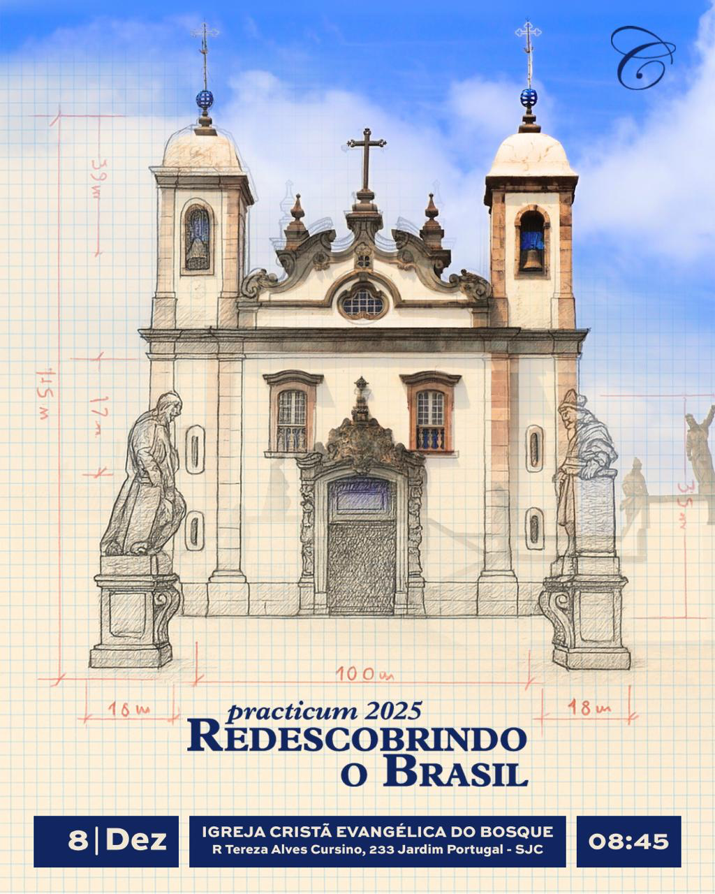 Cartaz do Practicum 2025 com desenho da igreja e elementos arquitetônicos.